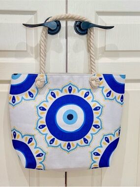 Boho Blue Evil Eye Mandala Canvas Beach Tote Bag Rope Handles BRAND NEW